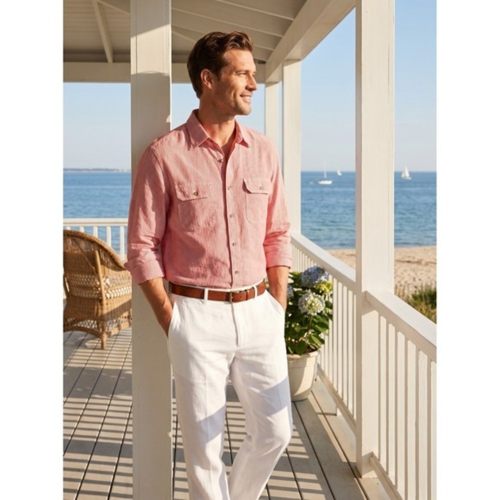 Gap‎ Mens XL Red White Stripe Shirt Cotton Linen Blend Button Front Slim Fit